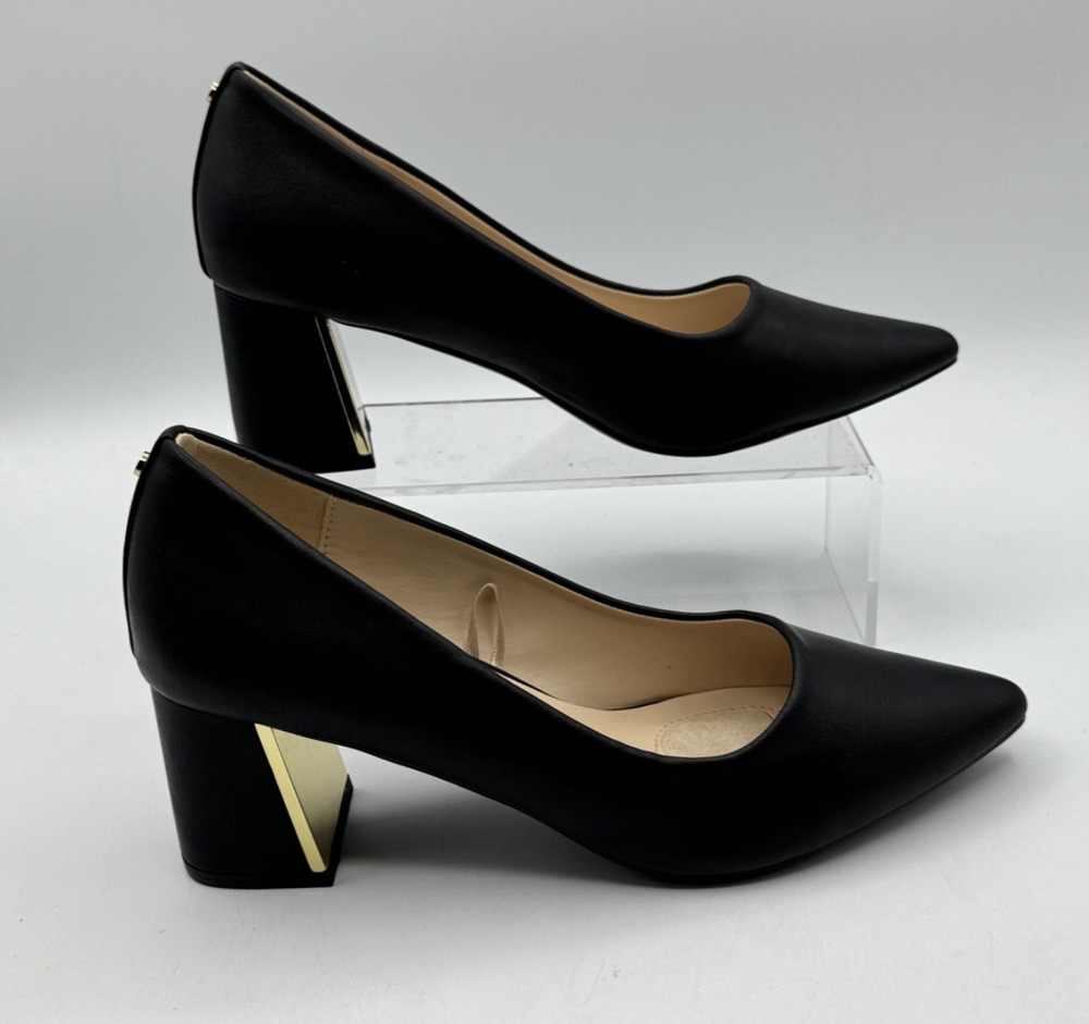 Jones New York Canal Black Block Gold Plated Heel Pumps Pointed Toe Size 7.5 NEW